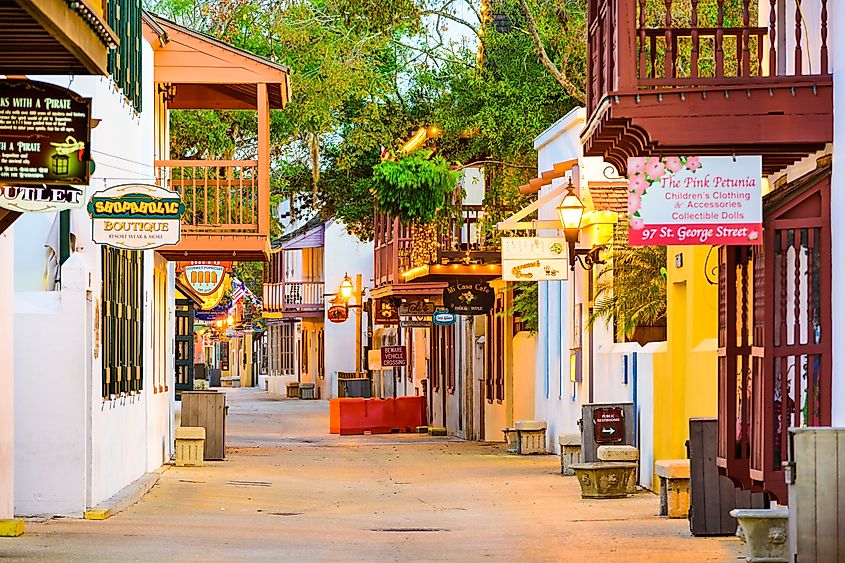 Shops and inns line St. George in St. Augustine, Florida