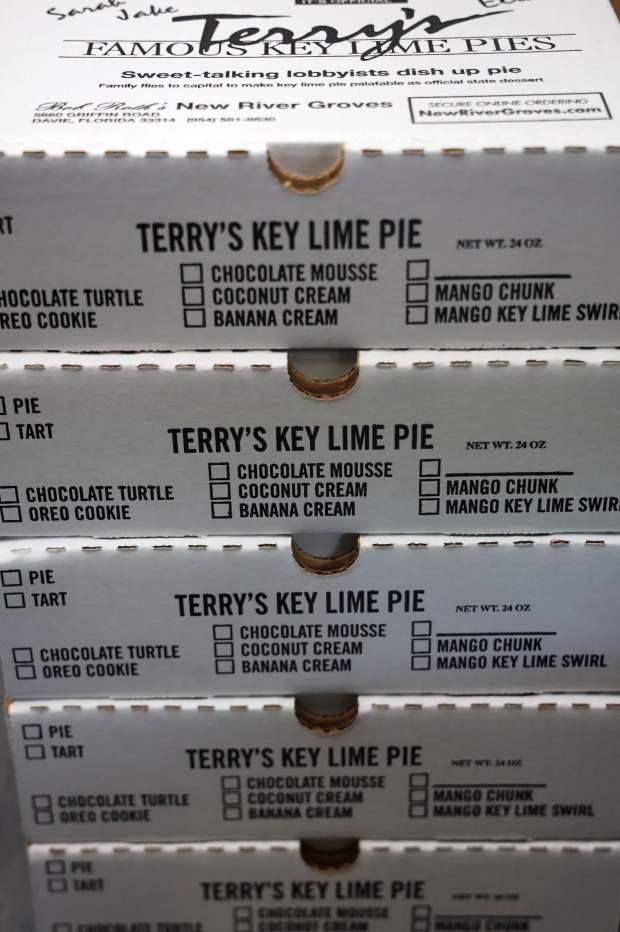 Boxes sit stacked and ready for Key lime pies at Bob Roth's New River Groves on Thursday, June 18, 2026. (Mike Stocker/South Florida Sun Sentinel)