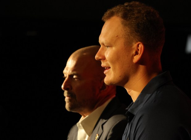Florida Panthers General Manager Bill Zito, left, and Brady Tkachuk at War Memorial Auditorium in Fort Lauderdale on Tuesday, June 23, 2026. Tkachuk, whose brother Matthew also plays for the Panthers, was acquired from the Ottawa Senators. (Joe Cavaretta/South Florida Sun Sentinel)