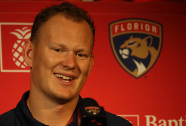 Brady Tkachuk speaks during a news conference at War Memorial Auditorium in Fort Lauderdale on Tuesday, June 23, 2026. Tkachuk, whose brother Matthew also plays for the Panthers, was acquired from the Ottawa Senators. (Joe Cavaretta/South Florida Sun Sentinel)
