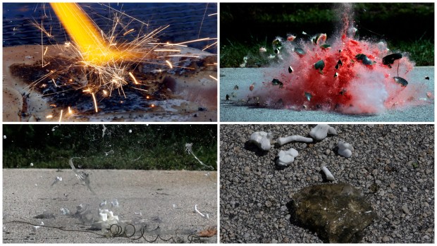 This combination of photos shows a chicken breast used to demonstrate how sparklers can burn skin, top left, a watermelon blown apart during a fireworks safety demonstration, top right, a model of a human hand blown apart, bottom left, and the remains of the model hand, bottom right, during a Fort Lauderdale Fire Rescue presentation Tuesday, June 30, 2026, at the Fort Lauderdale Executive Airport Fire Station. (Joe Cavaretta/South Florida Sun Sentinel)