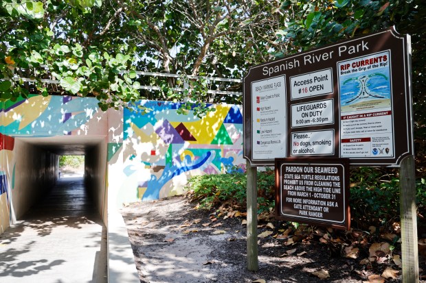 The entrance to Spanish River Park beach in Boca Raton on Wednesday, April 23, 2025. (Carline Jean/South Florida Sun Sentinel)