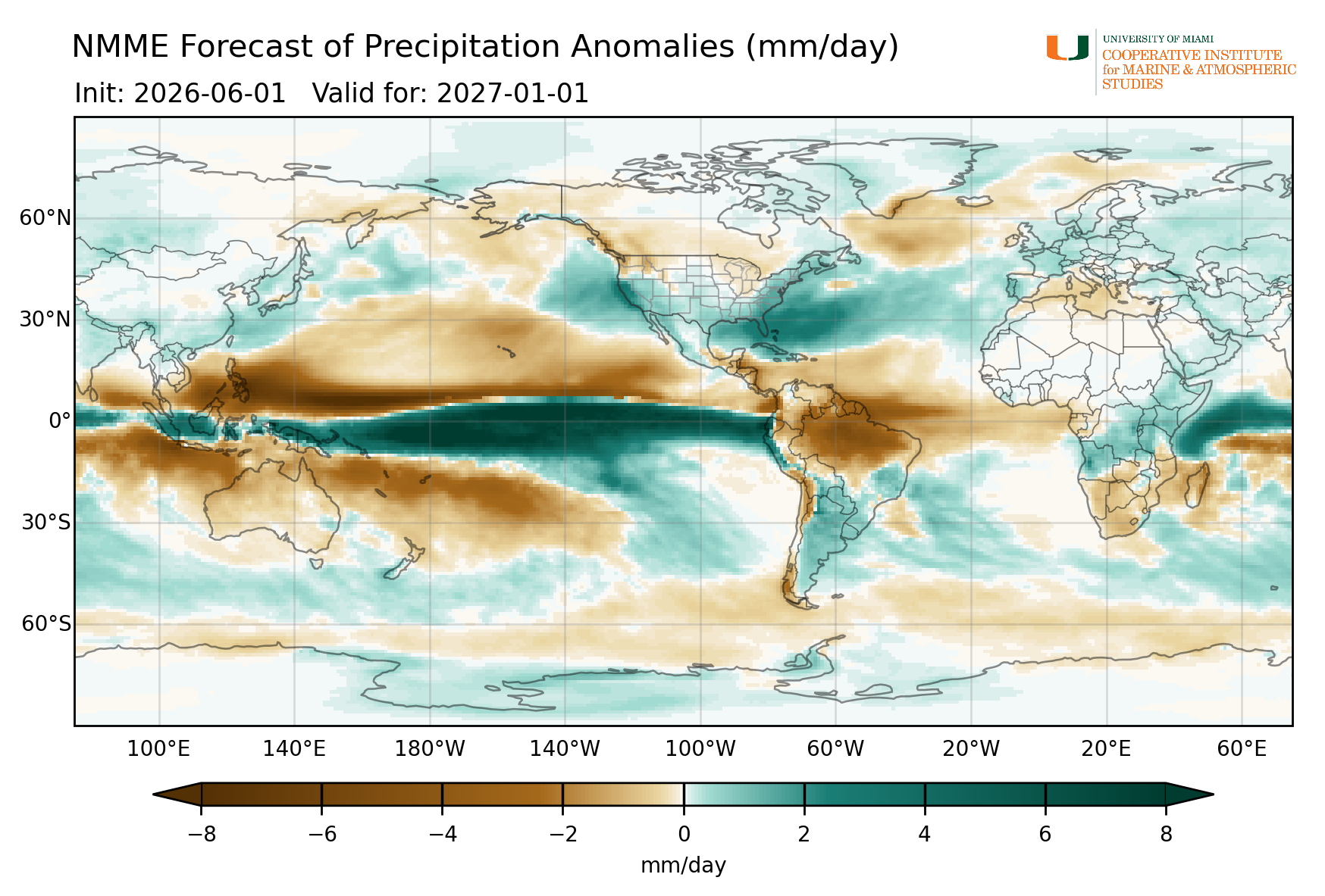 Rain and snow prediction from the North American Multi-Model Ensemble for January 2026.