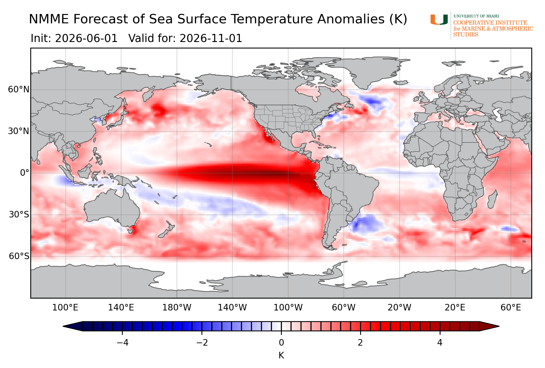 Sea surface temperature prediction from the North American Multi-Model Ensemble for November 2026.