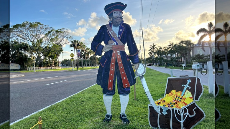 Bucky the pirate sign welcoming visitors to Treasure Island, Florida on the Treasure Island Causeway