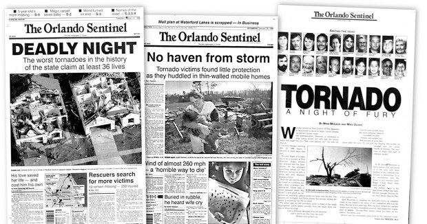 The Orlando Sentinel newspapers covering the tornadoes that hit Central Florida in 1998. (Orlando Sentinel file)