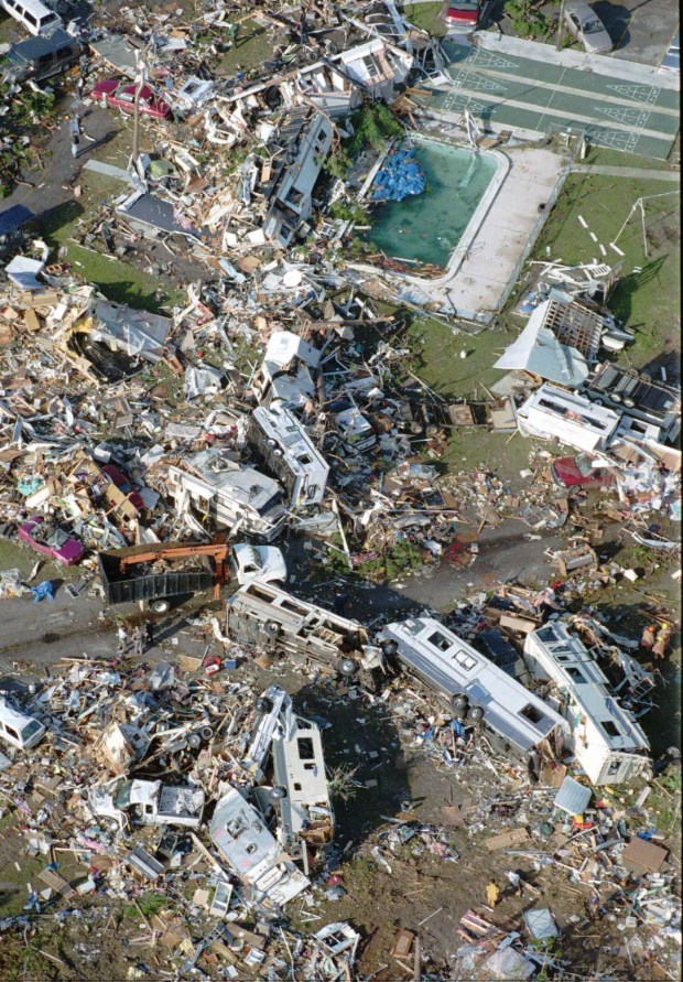 Recreation vehicles overturned and scattered in the Ponderosa RV park in Kissimmee after a tornado touched down early Feb. 23, 1998, killing eight people. (Orlando Sentinel file)