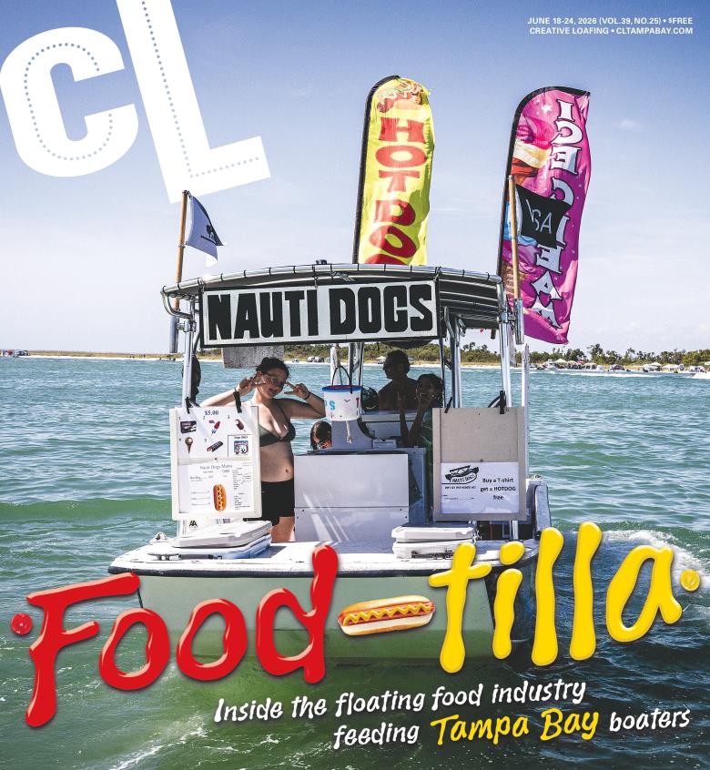 Cover of Creative Loafing featuring Nauti Dogs food boat and the words "Food-tilla" written in ketchup and mustard-style fonts with a hot dog illustration as the hyphen