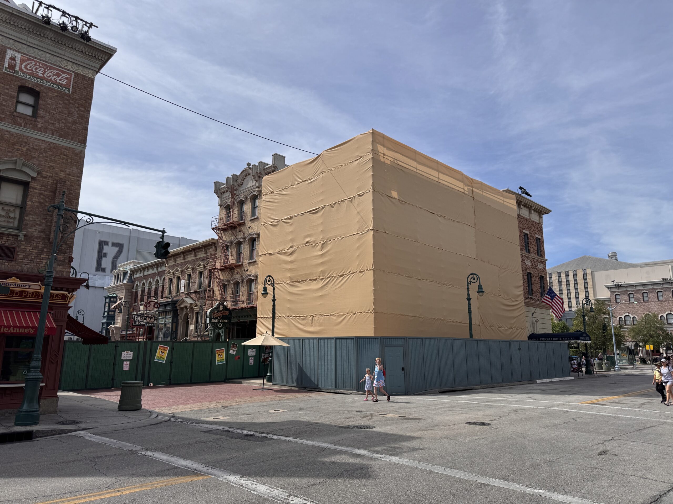The major refurbishment of Finnegan's Bar & Grill at Universal Studios Florida continues with scrim and scaffolding now wrapped around most of the building.