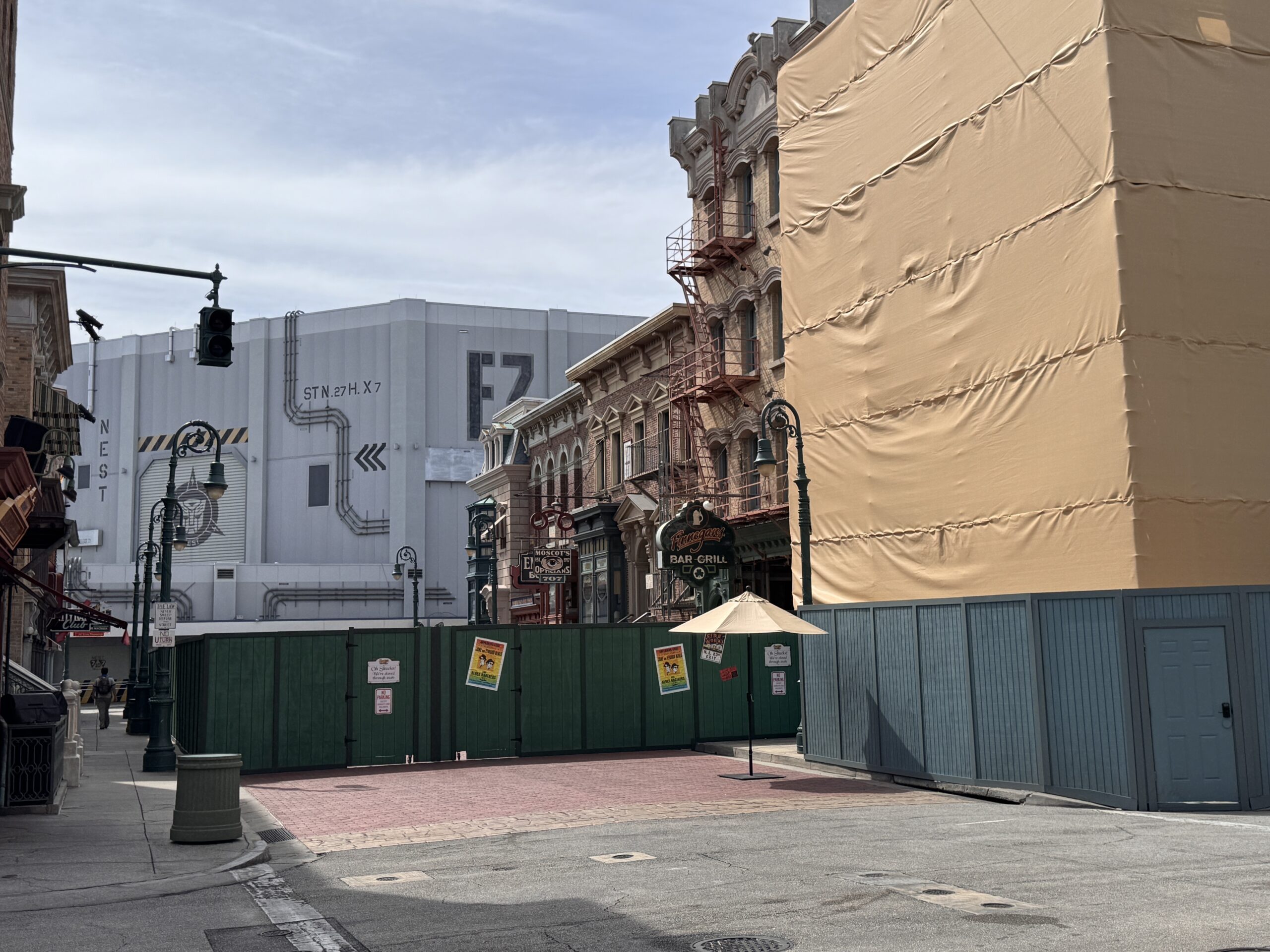 The major refurbishment of Finnegan's Bar & Grill at Universal Studios Florida continues with scrim and scaffolding now wrapped around most of the building.