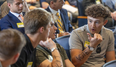 American Legion Buckeye Boys State delegates gather in the Benton Hall auditorium to talk about the election and candidates (photo by Scott Kissell).