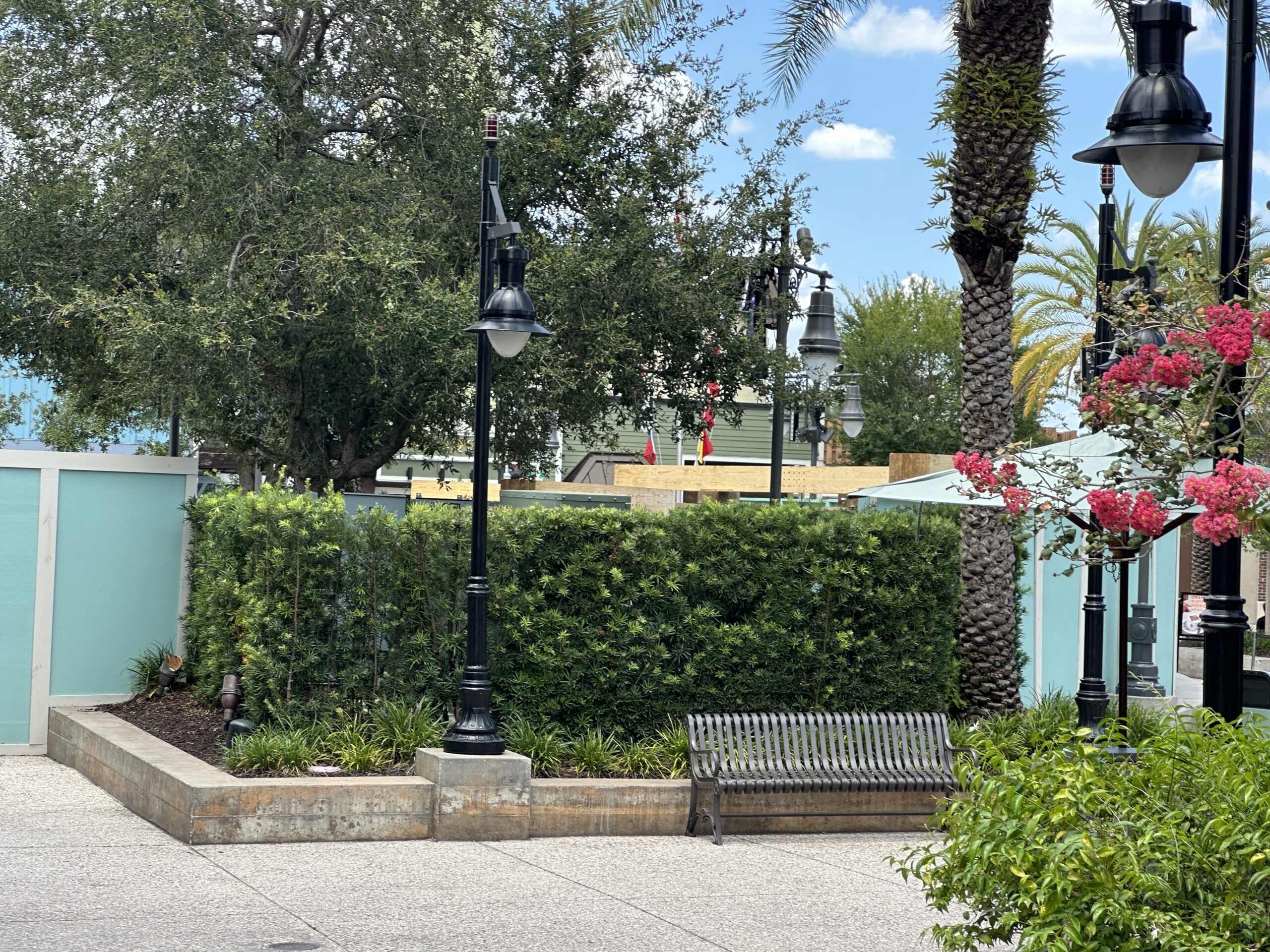 As you can see over the mint-colored construction walls, there are wooden supports for a roof over part of Waterview Park. At the time of the announced refurbishment on May 2, it was reported that the area would be closed for about a month. However, it has been over six weeks now since the closure began.