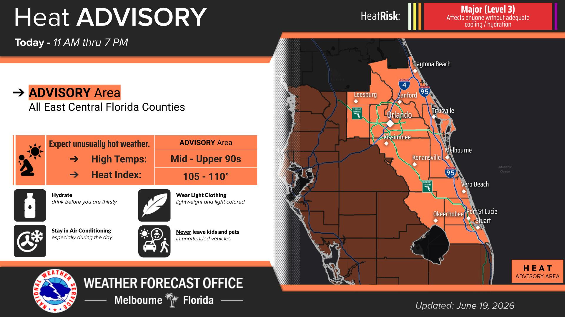 The Heat Advisory is in effect from 11 a.m. to 7 p.m. It includes Orange County and Osceola County, homes of Universal Orlando Resort and Walt Disney World Resort. It's a Level 3 Heat Risk and affects anyone without adequate cooling/hydration.