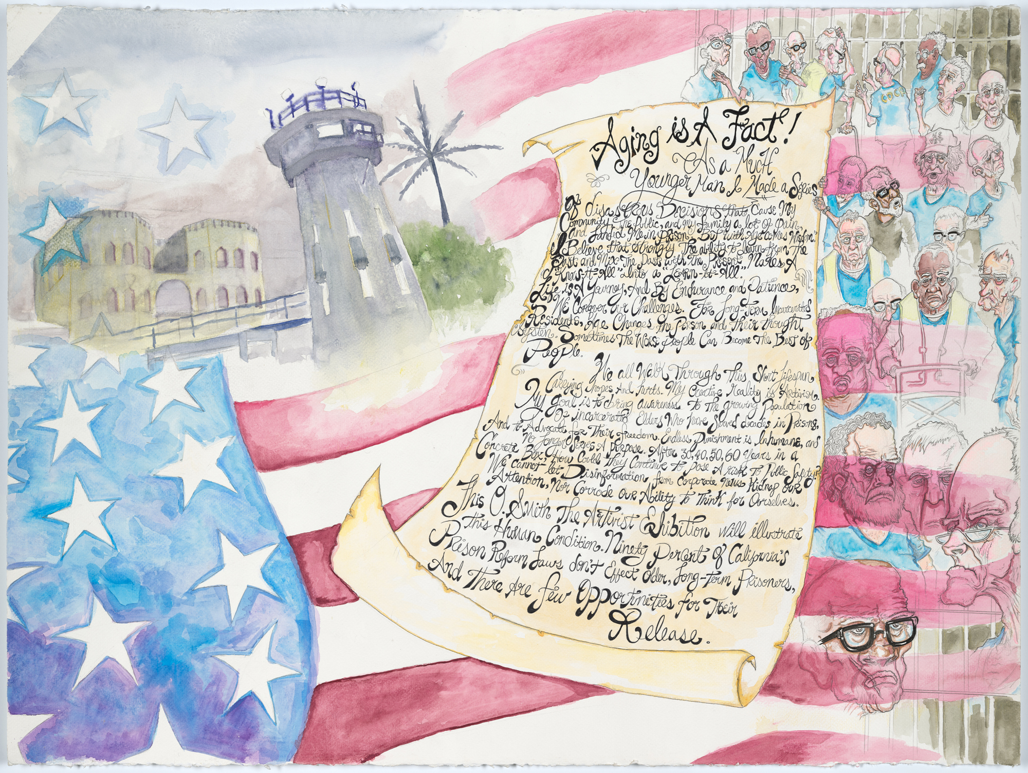 detailed text-heavy drawing set against american flag and prison tower