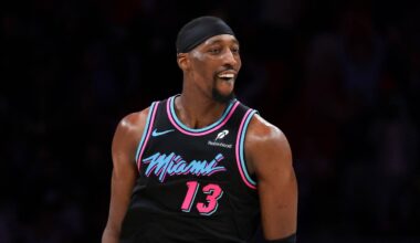 Mar 30, 2026; Miami, Florida, USA; Miami Heat center Bam Adebayo (13) reacts after scoring against the Philadelphia 76ers during the fourth quarter at Kaseya Center. Mandatory Credit: Sam Navarro-Imagn Images