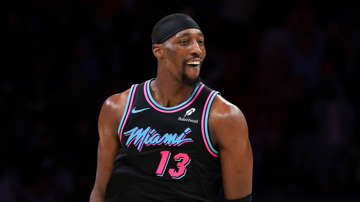 Mar 30, 2026; Miami, Florida, USA; Miami Heat center Bam Adebayo (13) reacts after scoring against the Philadelphia 76ers during the fourth quarter at Kaseya Center. Mandatory Credit: Sam Navarro-Imagn Images