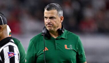 Dec 31, 2025; Arlington, TX, USA; Miami Hurricanes head coach Mario Cristobal looks on during the 2025 Cotton Bowl and quarterfinal game of the College Football Playoff at AT&T Stadium. Mandatory Credit: Jerome Miron-Imagn Images