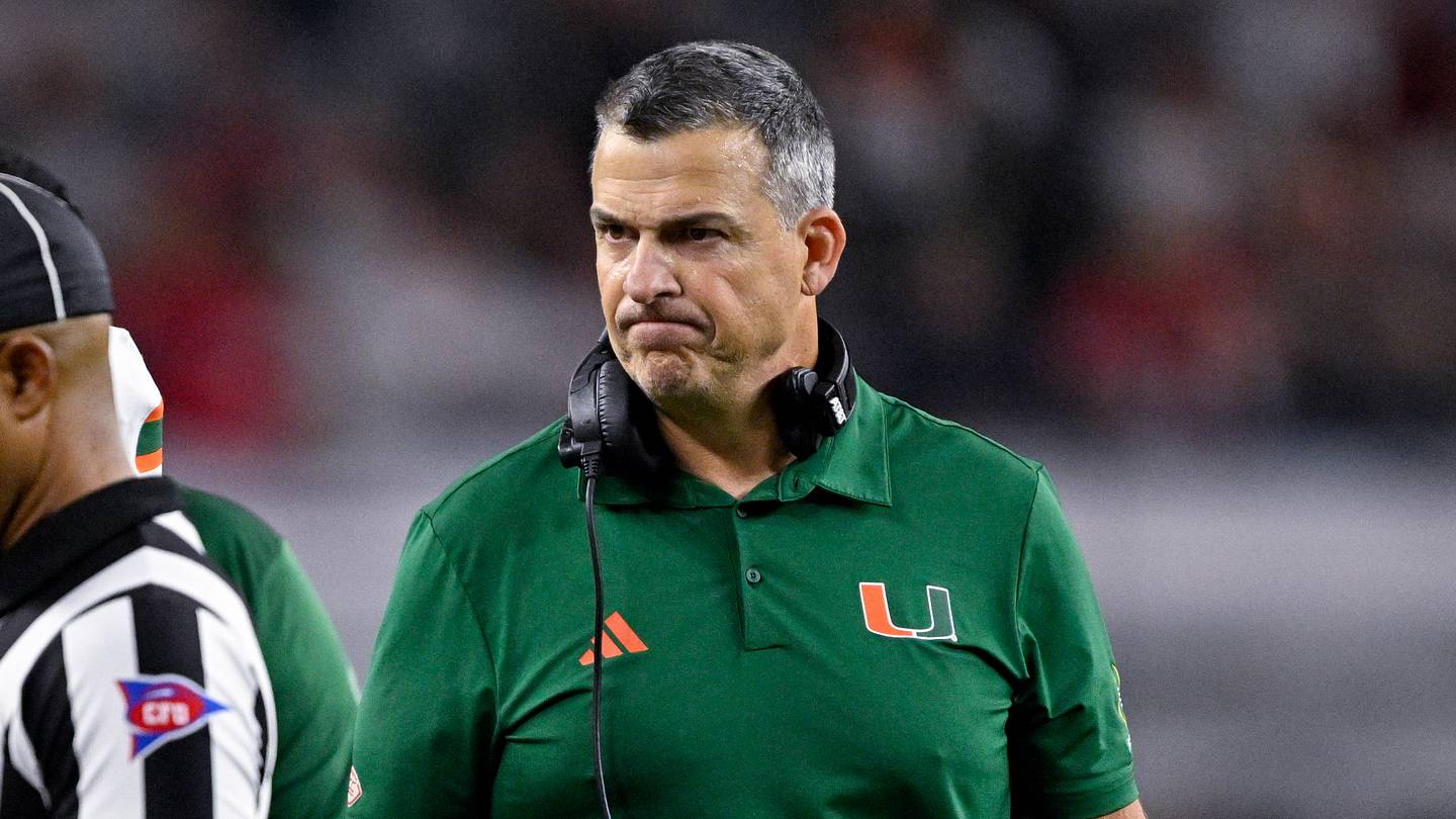 Dec 31, 2025; Arlington, TX, USA; Miami Hurricanes head coach Mario Cristobal looks on during the 2025 Cotton Bowl and quarterfinal game of the College Football Playoff at AT&T Stadium. Mandatory Credit: Jerome Miron-Imagn Images