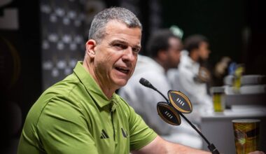 University of Miami Head Coach Mario Cristobal talks at Media Day during the College Football Playoff on Saturday, Jan. 17, 2026.