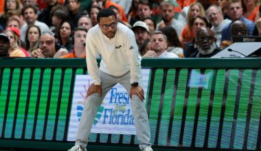 Feb 10, 2026; Coral Gables, Florida, USA; Miami Hurricanes head coach Jai Lucas looks on from sideline against the North Carolina Tar Heels during the second half at Watsco Center. Mandatory Credit: Sam Navarro-Imagn Images