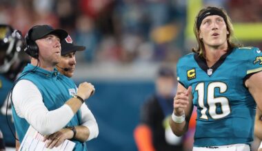 Oct 6, 2025; Jacksonville, Florida, USA; Jacksonville Jaguars head coach Liam Coen and quarterback Trevor Lawrence (16) during the first half against the Kansas City Chiefs at EverBank Stadium.