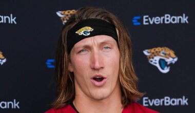 Jacksonville Jaguars quarterback Trevor Lawrence talks with the media