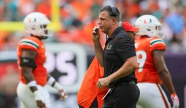 Sep 9, 2023; Miami Gardens, Florida, USA; Miami Hurricanes head coach Mario Cristobal looks on against the Texas A&M Aggies during the first quarter at Hard Rock Stadium. Mandatory Credit: Sam Navarro-USA TODAY Sports