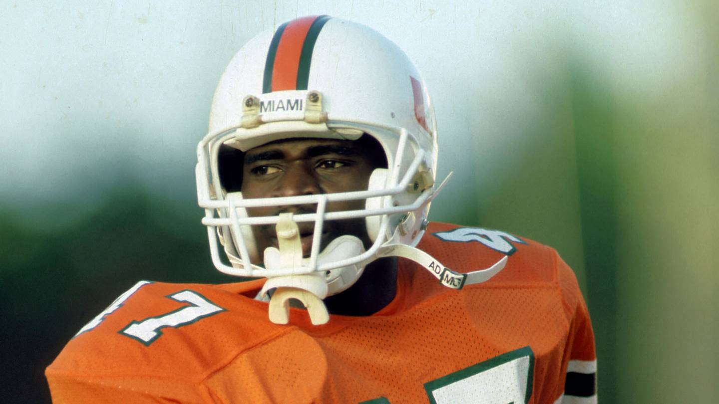 Sep 13, 1986; Miami, FL, USA; FILE PHOTO; Miami Hurricanes receiver Michael Irvin (47) during the 1986 season at the Orange Bowl. Mandatory Credit: Photo By USA TODAY Sports