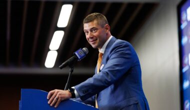 Dec 1, 2025; Gainesville, FL, USA; Florida Gators head coach Jon Sumrall talks during the press conference at the Heavener Football Training Center at the University of Florida. Mandatory Credit: Matt Pendleton-Imagn Images