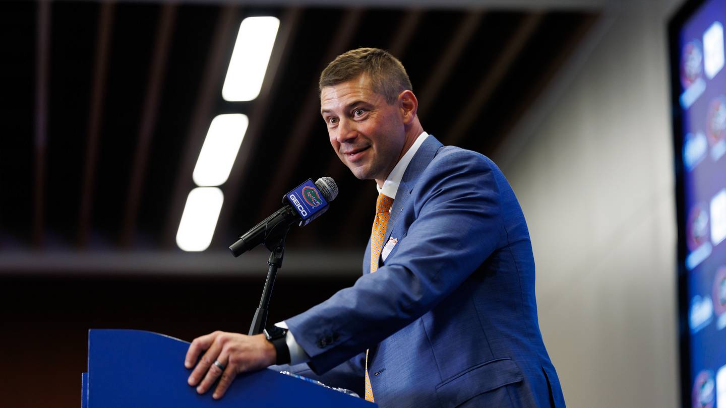 Dec 1, 2025; Gainesville, FL, USA; Florida Gators head coach Jon Sumrall talks during the press conference at the Heavener Football Training Center at the University of Florida. Mandatory Credit: Matt Pendleton-Imagn Images