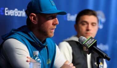 Jacksonville Jaguars head coach Liam Coen speaks during a press conference as general manager James Gladstone looks on at the Miller Electric Center, Wednesday, Jan. 14, 2026, in Jacksonville, Fla.