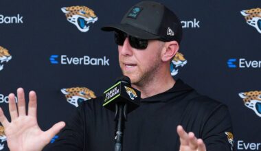 Jacksonville Jaguars head coach Liam Coen talks after the Jaguars final Organized Team Activity on Monday, June 15, 2026 at the Miller Electric Center in Jacksonville, Fla.