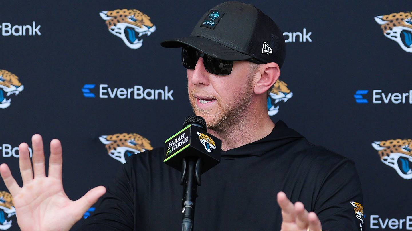 Jacksonville Jaguars head coach Liam Coen talks after the Jaguars final Organized Team Activity on Monday, June 15, 2026 at the Miller Electric Center in Jacksonville, Fla.