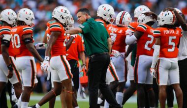 Sep 3, 2022; Miami Gardens, Florida, USA; Miami Hurricanes head coach Mario Cristobal welcomes his players on the sideline during the second quarter against the Bethune Cookman Wildcats at Hard Rock Stadium. Mandatory Credit: Sam Navarro-USA TODAY Sports