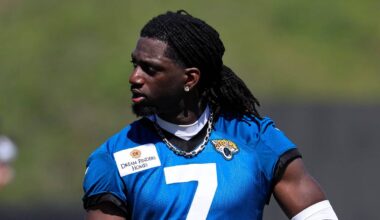 Jacksonville Jaguars wide receiver Brian Thomas Jr. (7) walks off the field during the third day of minicamp at the Miller Electric Center, Thursday, June 11, 2026, in Jacksonville, Fla.