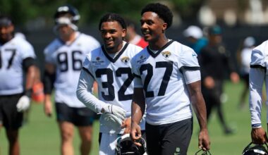 Jacksonville Jaguars cornerback Caleb Ransaw (27) smiles with safety Cam'Ron Silmon-Craig (32) during the second mandatory minicamp at Miller Electric Center Wednesday, June 11, 2025 in Jacksonville, Fla.