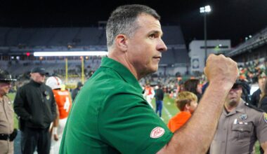 Nov 12, 2022; Atlanta, Georgia, USA; Miami Hurricanes head coach Mario Cristobal celebrates after a victory against the Georgia Tech Yellow Jackets at Bobby Dodd Stadium. Mandatory Credit: Brett Davis-USA TODAY Sports
