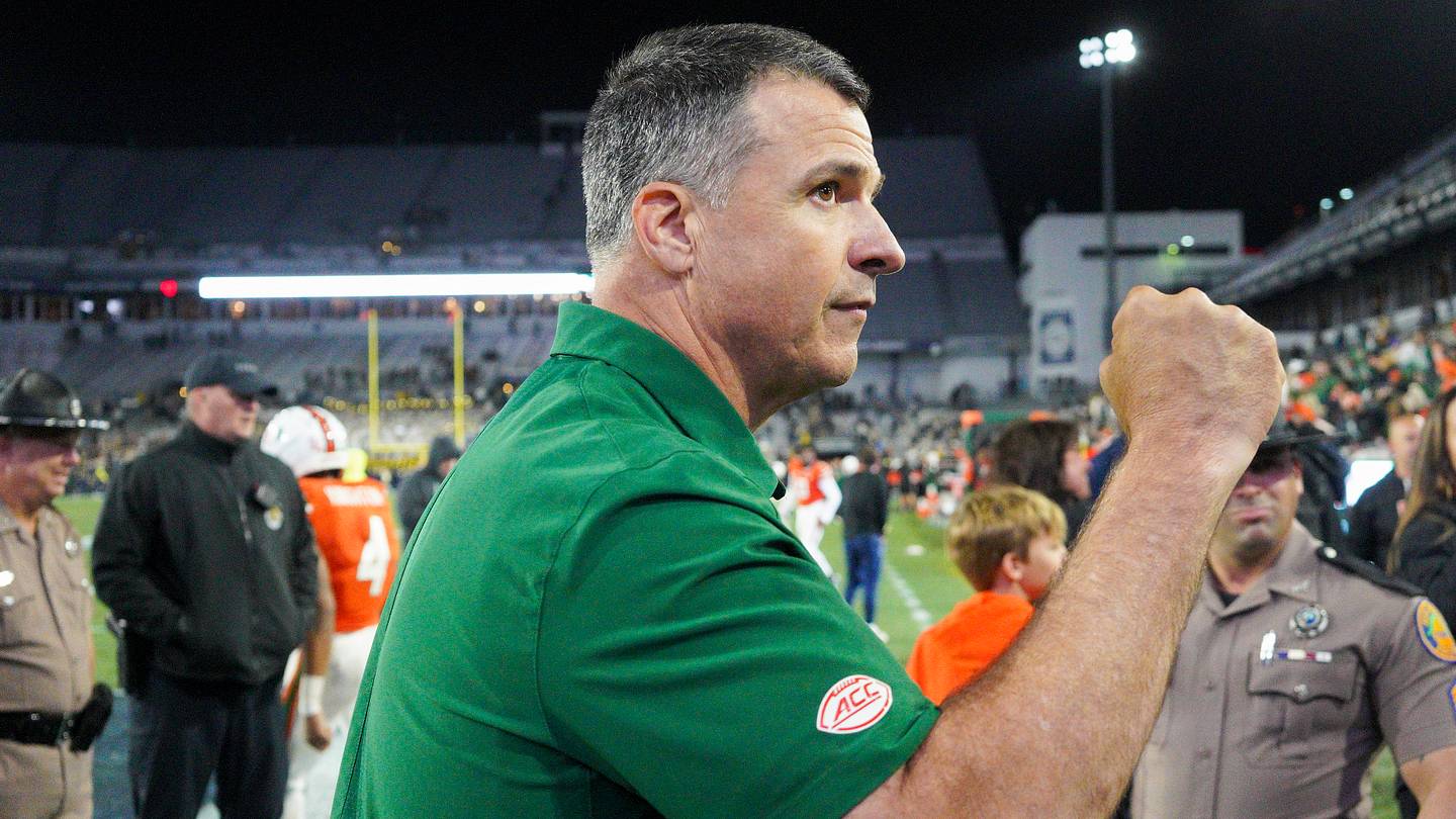 Nov 12, 2022; Atlanta, Georgia, USA; Miami Hurricanes head coach Mario Cristobal celebrates after a victory against the Georgia Tech Yellow Jackets at Bobby Dodd Stadium. Mandatory Credit: Brett Davis-USA TODAY Sports