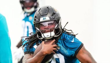 Jacksonville Jaguars running back Deejay Dallas (20) cuts upfield during the second day of minicamp at the Miller Electric Center, Wednesday, June 10, 2026, in Jacksonville.