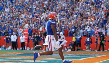 Oct 4, 2025; Gainesville, Florida, USA; Florida Gators wide receiver Dallas Wilson (6) celebrates after scoring a touchdown against the Texas Longhorns during the first half at Ben Hill Griffin Stadium. Mandatory Credit: Matt Pendleton-Imagn Images