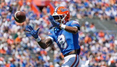 Apr 12, 2025; Gainesville, FL, USA; Florida Gators wide receiver Vernell Brown III (8) makes a catch before the game at Ben Hill Griffin Stadium. Mandatory Credit: Matt Pendleton-Imagn Images