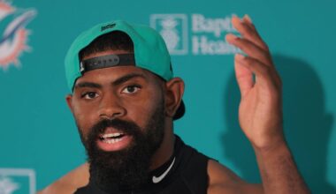 Miami Dolphins linebacker Jordyn Brooks speaks to reporters