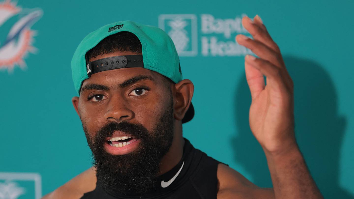 Miami Dolphins linebacker Jordyn Brooks speaks to reporters