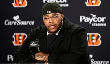 Bengals left tackle Orlando Brown Jr. speaks to the media during a press conference at Paycor Stadium in Cincinnati on Thursday, March 12, 2026.