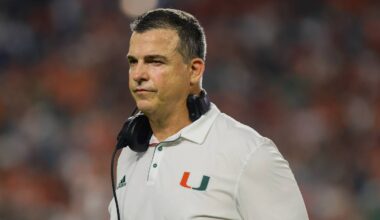 Sep 27, 2024; Miami Gardens, Florida, USA; Miami Hurricanes head coach Mario Cristobal looks on from the sideline against the Virginia Tech Hokies during the third quarter at Hard Rock Stadium. Mandatory Credit: Sam Navarro-Imagn Images