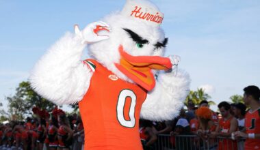 Sep 18, 2021; Miami Gardens, Florida, USA; Miami Hurricanes mascot Sebastian the Ibis performs prior to the game between the Miami Hurricanes and the Michigan State Spartans at Hard Rock Stadium. Mandatory Credit: Jasen Vinlove-USA TODAY Sports