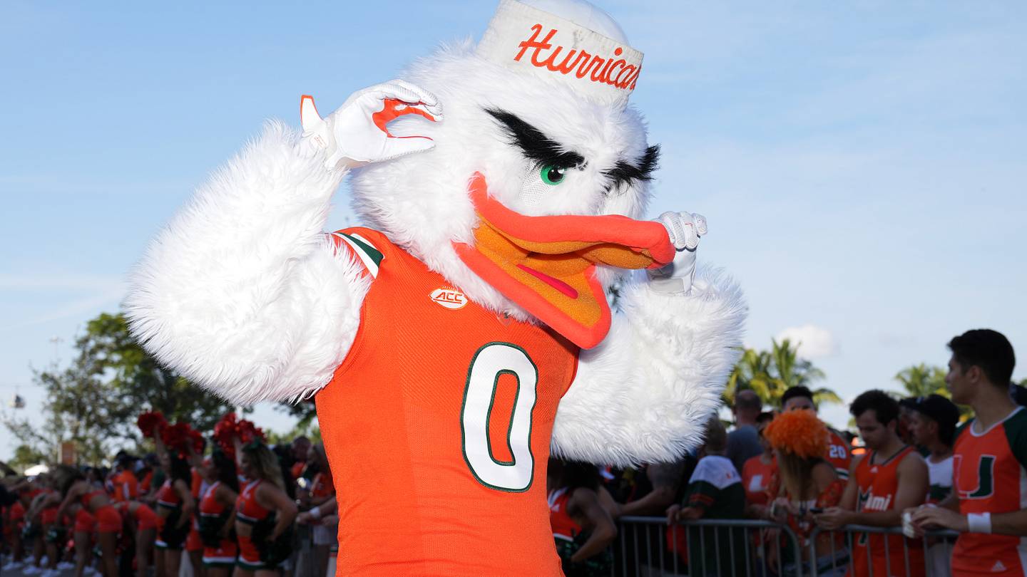 Sep 18, 2021; Miami Gardens, Florida, USA; Miami Hurricanes mascot Sebastian the Ibis performs prior to the game between the Miami Hurricanes and the Michigan State Spartans at Hard Rock Stadium. Mandatory Credit: Jasen Vinlove-USA TODAY Sports