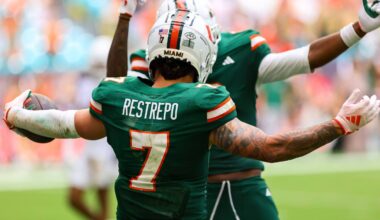 Nov 2, 2024; Miami Gardens, Florida, USA; Miami Hurricanes wide receiver Xavier Restrepo (7) celebrates after scoring a touchdown against the Duke Blue Devils during the fourth quarter at Hard Rock Stadium. Mandatory Credit: Sam Navarro-Imagn Images