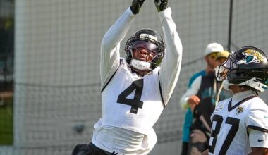 Jacksonville Jaguars cornerback Jarrian Jones (4) catches a pass over Jacksonville Jaguars cornerback Jabbar Muhammad (37) during a drill as the Jaguars held their final Organized Team Activity on Monday, June 15, 2026 at the Miller Electric Center in Jacksonville, Fla.