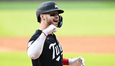 Jul 21, 2026; Cleveland, Ohio, USA; Minnesota Twins catcher Ryan Jeffers (27) celebrates after hitting a home run during the first inning against the Cleveland Guardians at Progressive Field. Mandatory Credit: Ken Blaze-Imagn Images